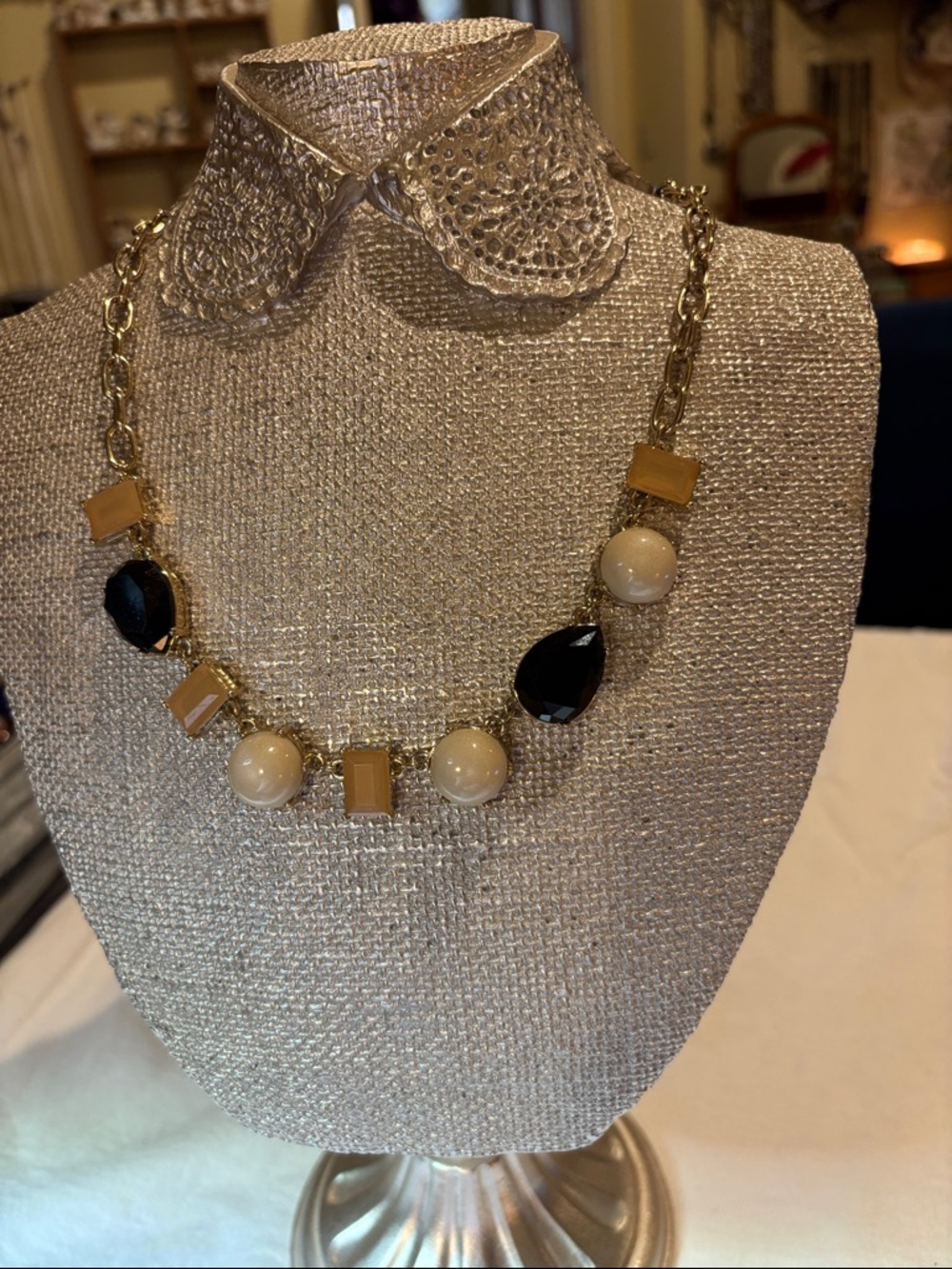 Gold Chain Necklace with Black Teardrop and Cream Beads
